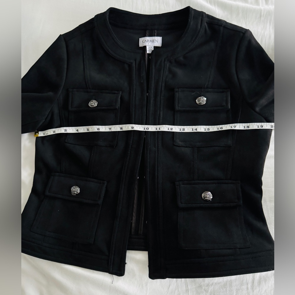 Carmen Marc Valvo Black Faux Suede Military Jacket Medium | Pockets - Picture 8 of 10